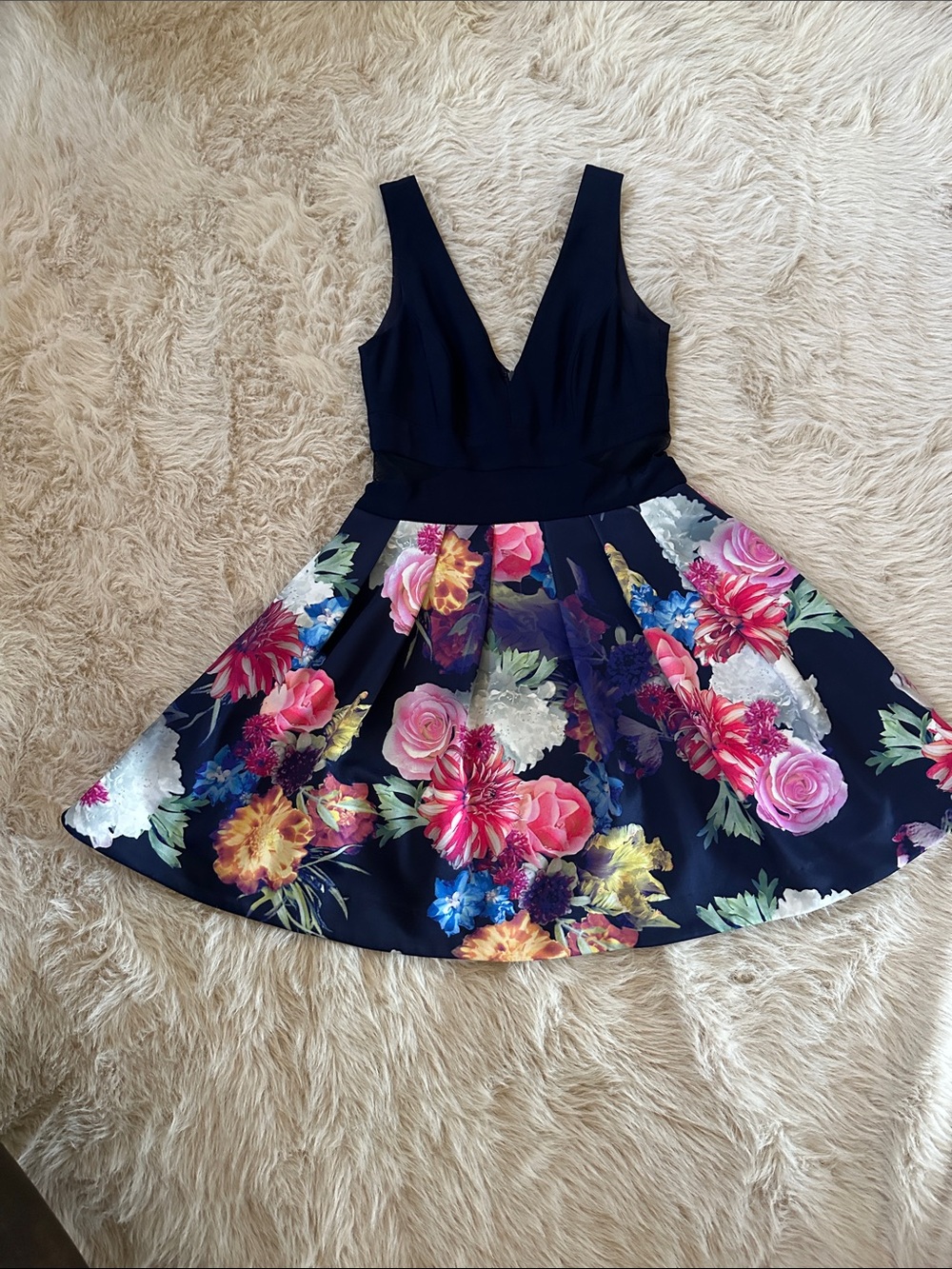 Floral Navy V-Neck Dress with Pockets